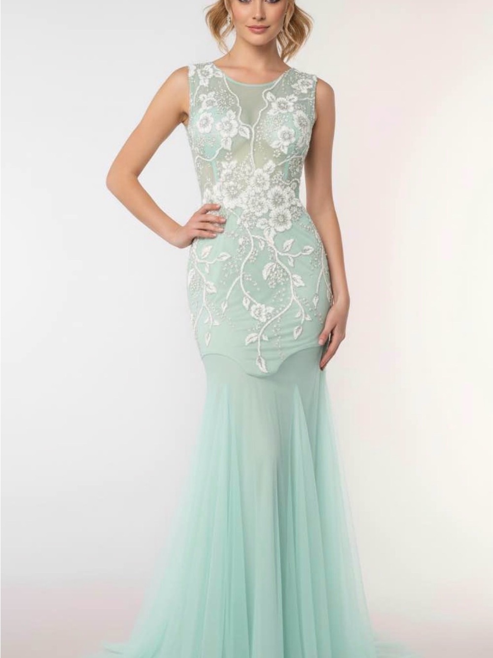 Sleeveless Mint Green Embroidered Mermaid Dress